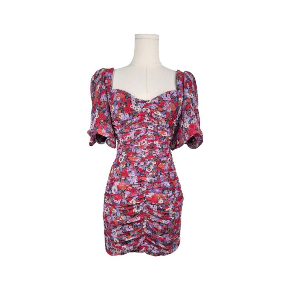 Zara Ruched Mini Dress Size XS Floral Puff Sleeve